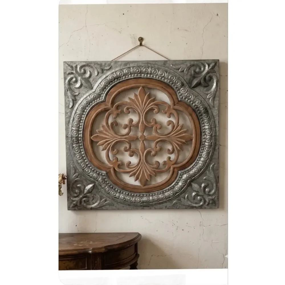 Rustic Metal & Wood Wall Medallion Fleur De Lis Carving Decor NEW
